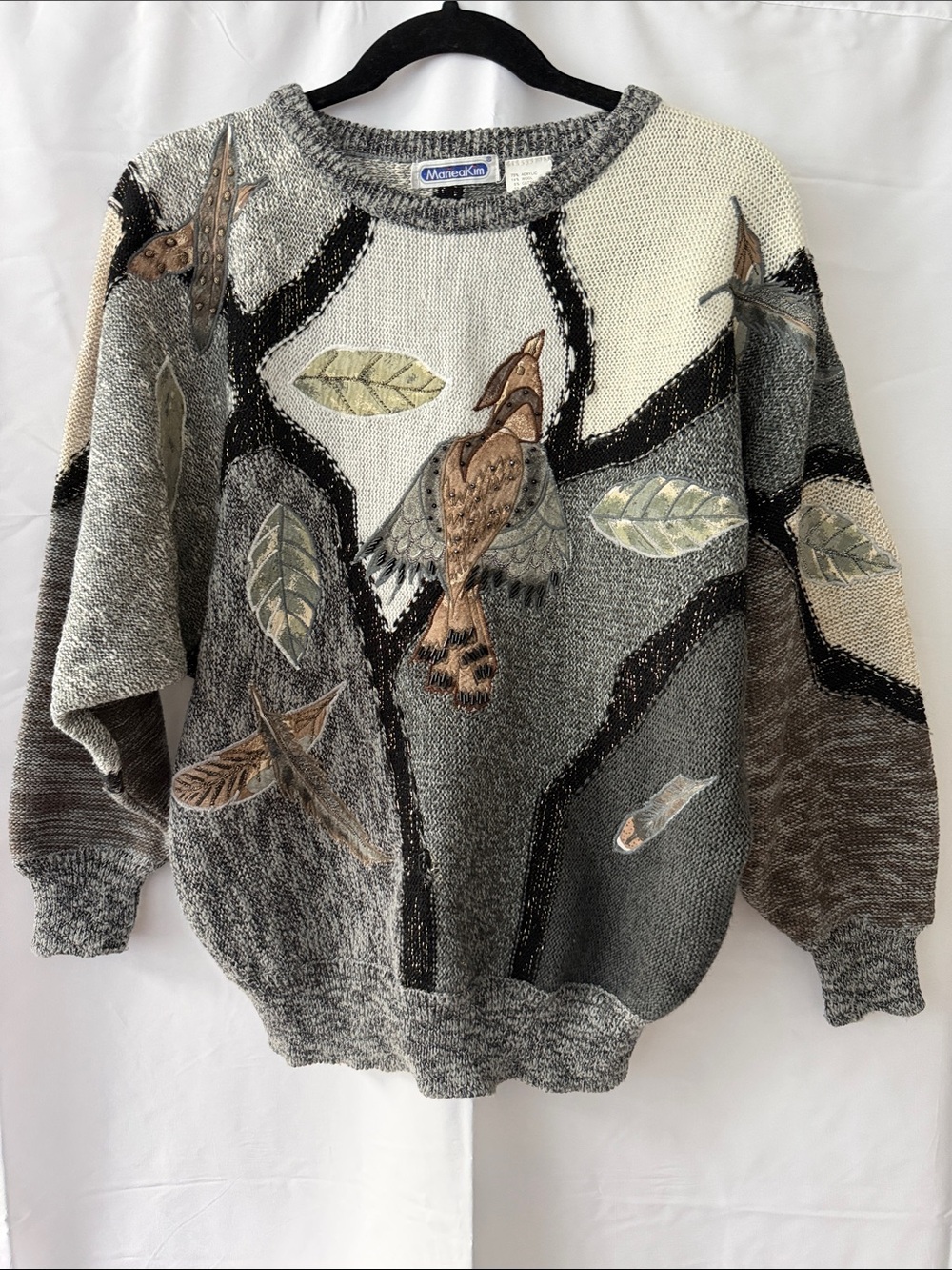 Vintage Mariea Kim 3D Crewneck Sweater with Bird & Leaf Appliqués Sz M